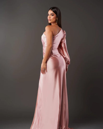 Blush pink one shoulder satin maxi dress with draped detail and thigh slit