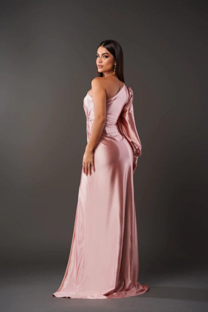 Blush pink one shoulder satin maxi dress with draped detail and thigh slit