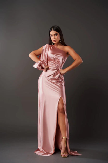 Front view of blush pink satin maxi dress with one shoulder and high slit