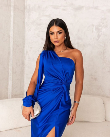 Royal blue one shoulder satin maxi dress with draped sleeve and slit