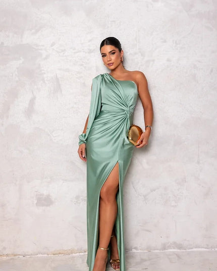 Sage green one shoulder satin maxi dress with draped waist and front slit