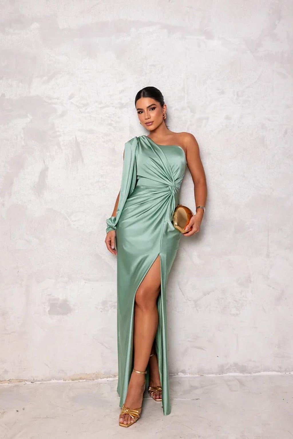 Sage green one shoulder satin maxi dress with draped waist and front slit