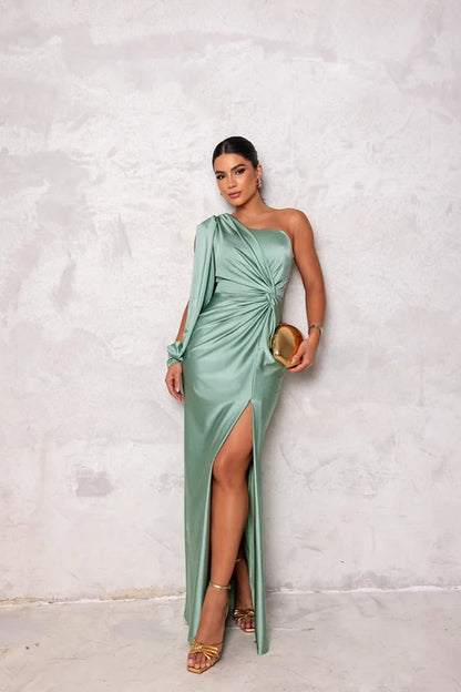 Sage green one shoulder satin maxi dress with draped waist and front slit