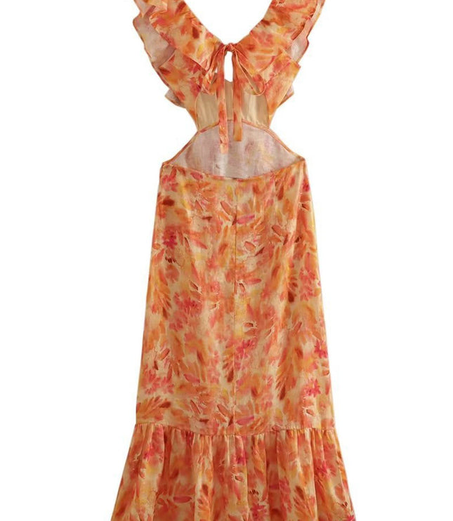 Women's Orange Floral Summer Wedding Guest Maxi Dress