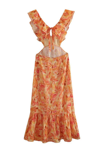 Women's Orange Floral Summer Wedding Guest Maxi Dress