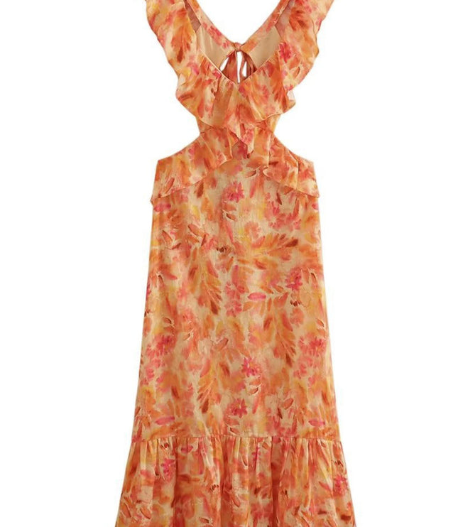 Women's Orange Floral Summer Wedding Guest Maxi Dress