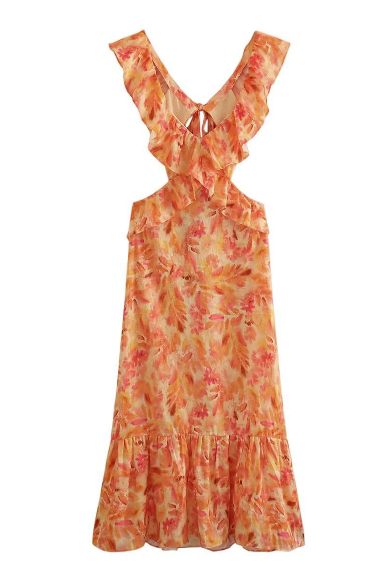 Women's Orange Floral Summer Wedding Guest Maxi Dress