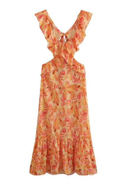 Women's Orange Floral Summer Wedding Guest Maxi Dress