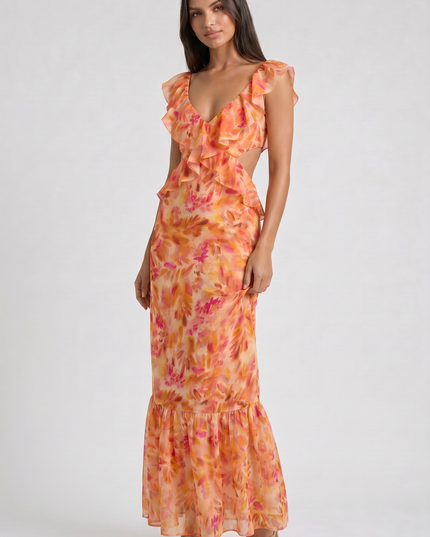 Women's Orange Floral Summer Wedding Guest Maxi Dress