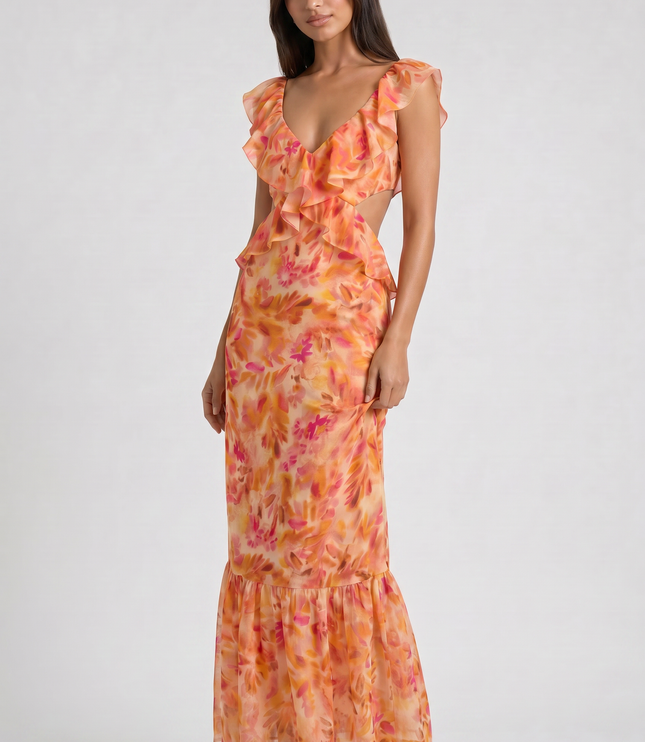 Women's Orange Floral Summer Wedding Guest Maxi Dress