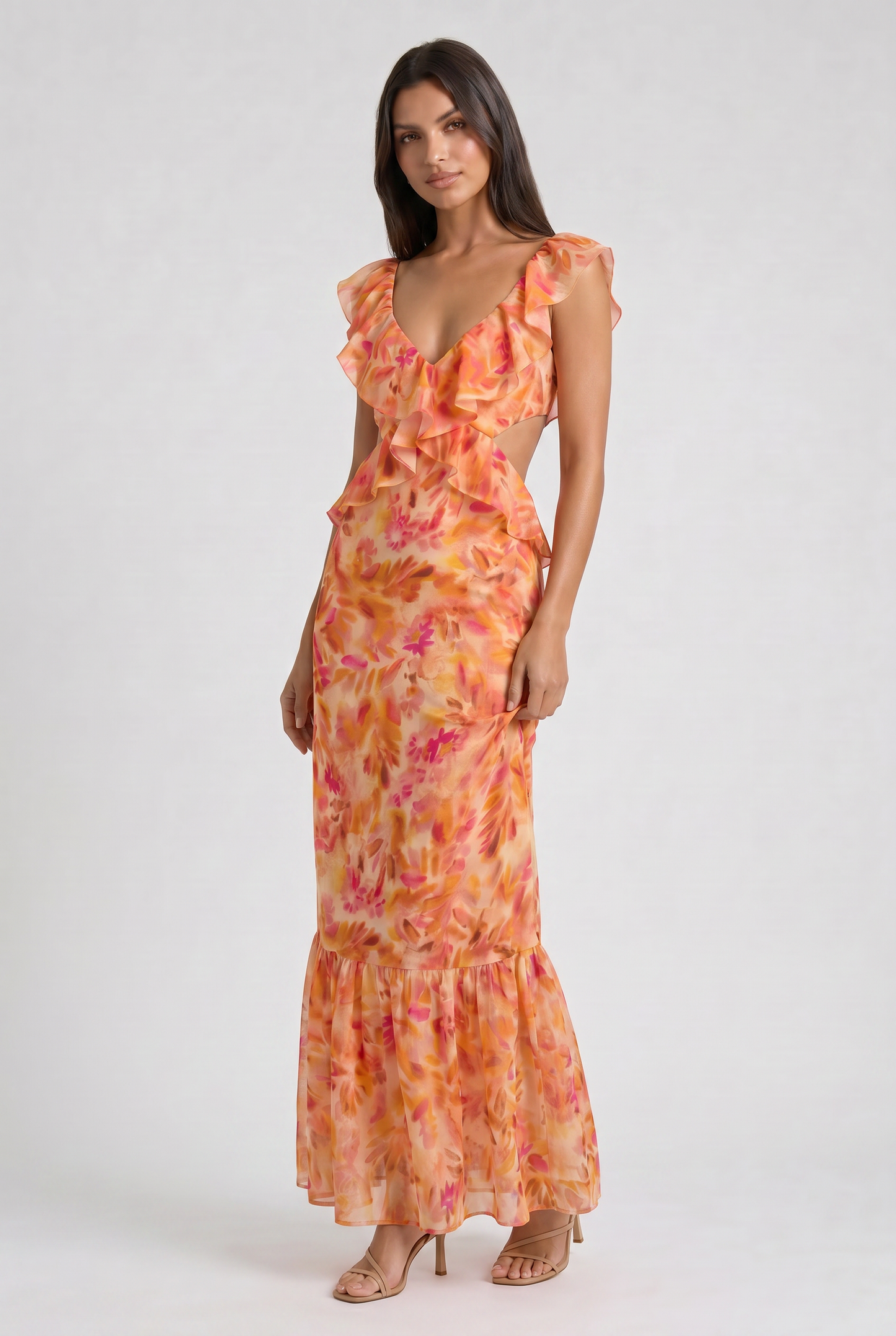 Women's Orange Floral Summer Wedding Guest Maxi Dress