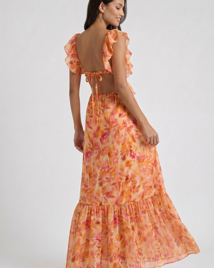 Women's Orange Floral Summer Wedding Guest Maxi Dress