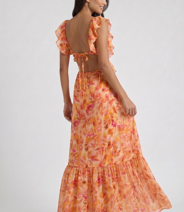 Women's Orange Floral Summer Wedding Guest Maxi Dress