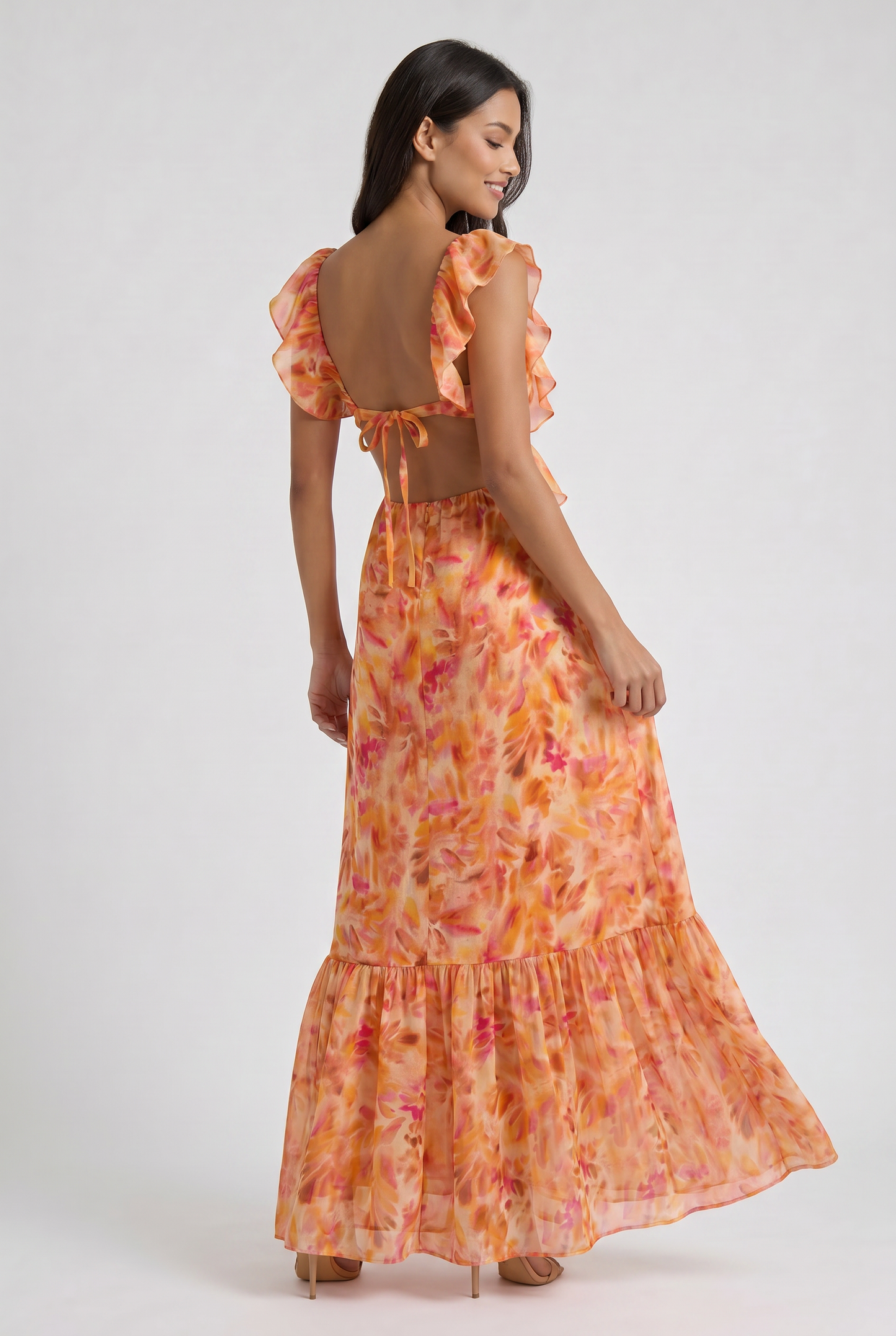 Women's Orange Floral Summer Wedding Guest Maxi Dress