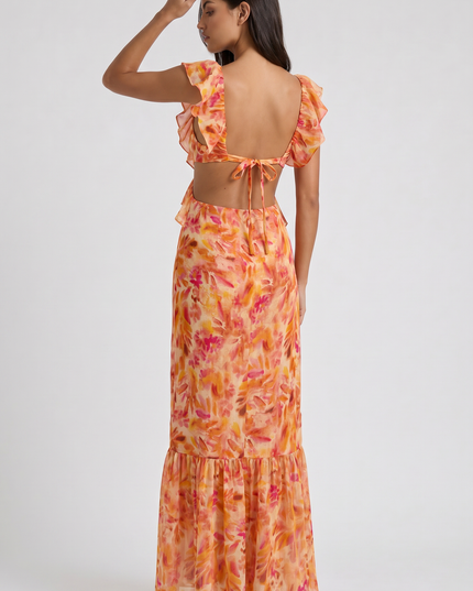 Women's Orange Floral Summer Wedding Guest Maxi Dress