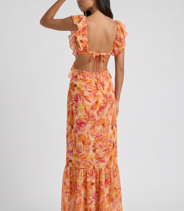 Women's Orange Floral Summer Wedding Guest Maxi Dress