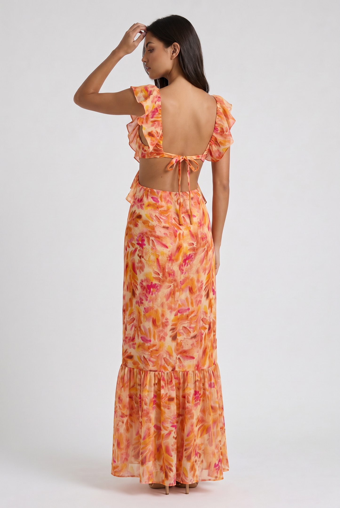 Women's Orange Floral Summer Wedding Guest Maxi Dress