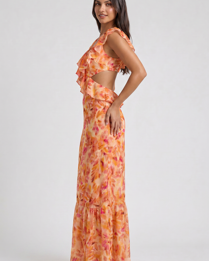 Women's Orange Floral Summer Wedding Guest Maxi Dress