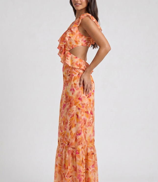 Women's Orange Floral Summer Wedding Guest Maxi Dress