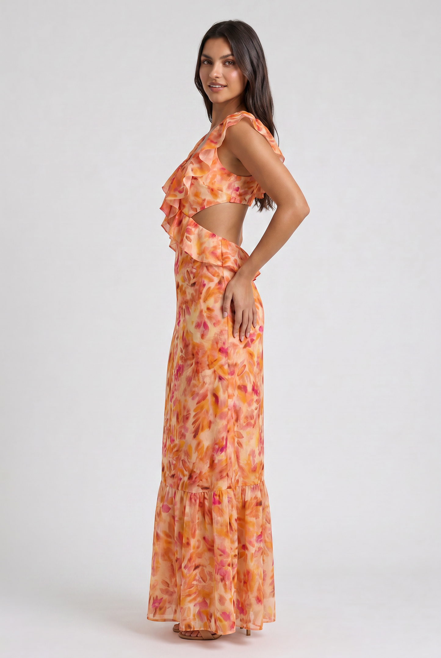 Women's Orange Floral Summer Wedding Guest Maxi Dress