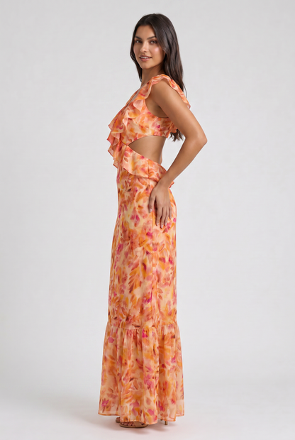 Women's Orange Floral Summer Wedding Guest Maxi Dress