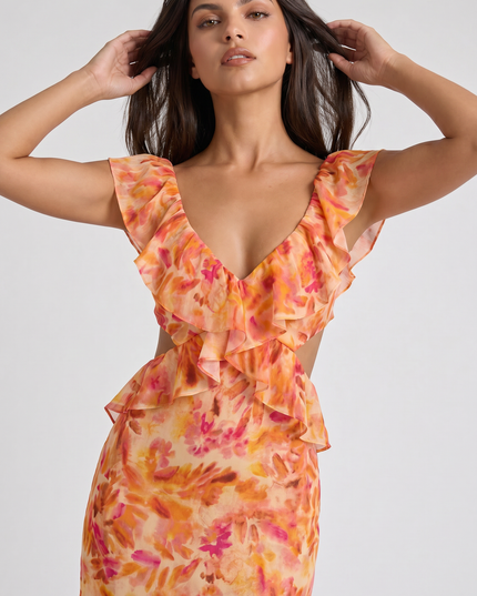 Women's Orange Floral Summer Wedding Guest Maxi Dress