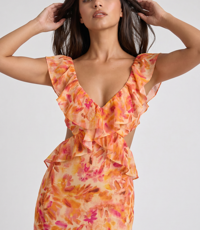 Women's Orange Floral Summer Wedding Guest Maxi Dress