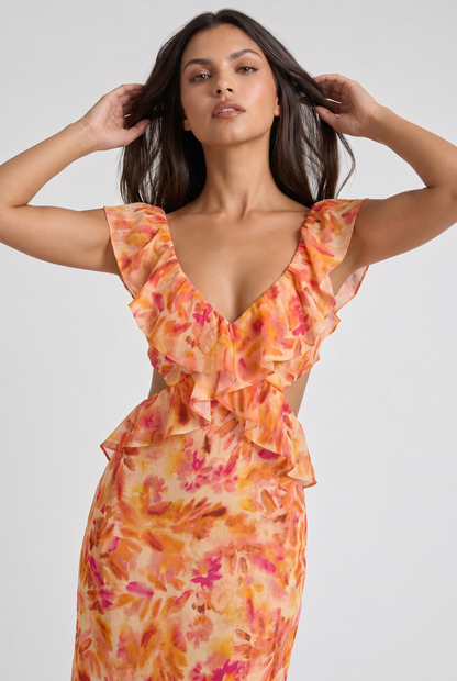 Women's Orange Floral Summer Wedding Guest Maxi Dress