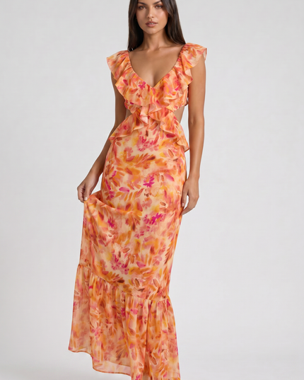 Women's Orange Floral Summer Wedding Guest Maxi Dress