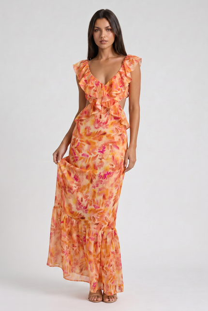Women's Orange Floral Summer Wedding Guest Maxi Dress