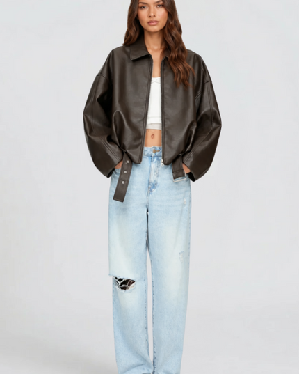 Women's Oversized Faux Leather Zip Up Bomber Jacket