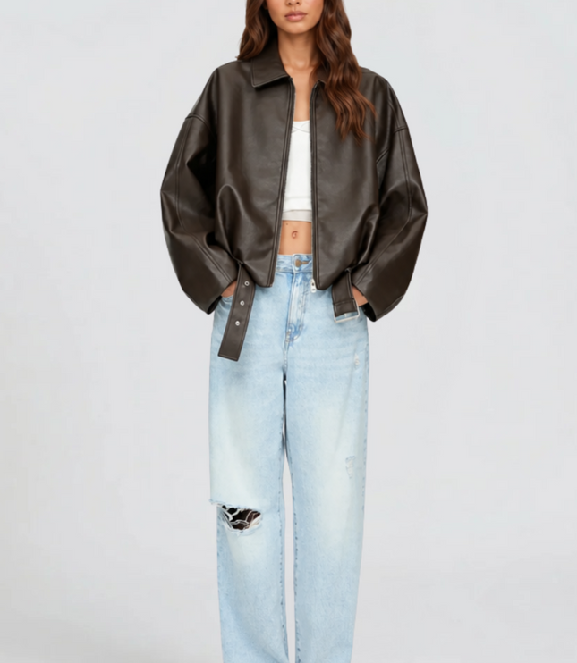 Women's Oversized Faux Leather Zip Up Bomber Jacket