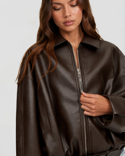 Women's Oversized Faux Leather Zip Up Bomber Jacket