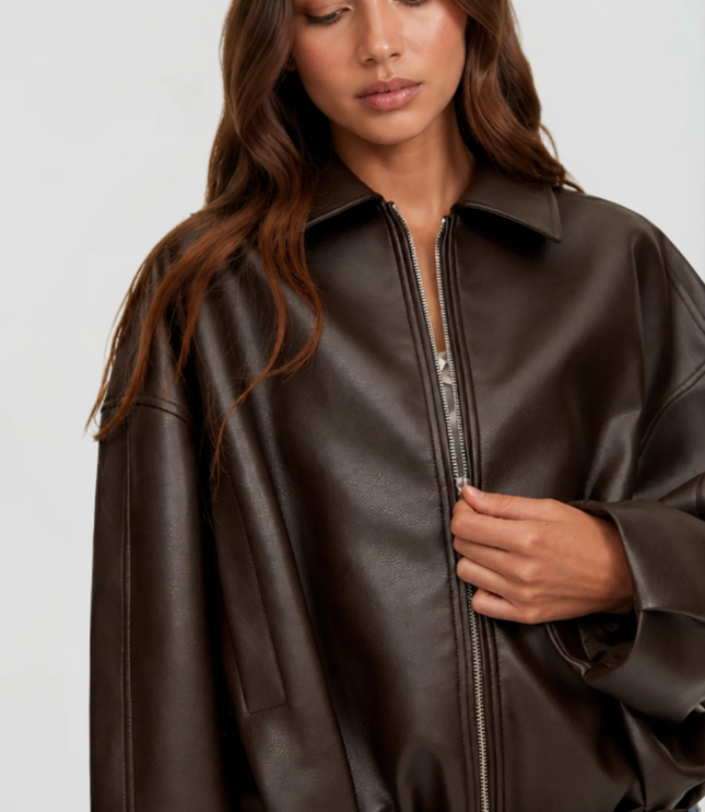 Women's Oversized Faux Leather Zip Up Bomber Jacket
