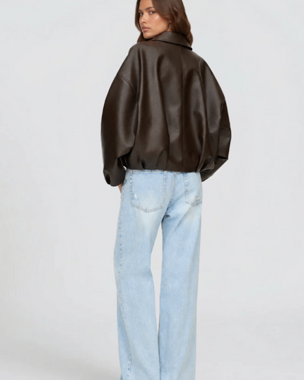 Women's Oversized Faux Leather Zip Up Bomber Jacket