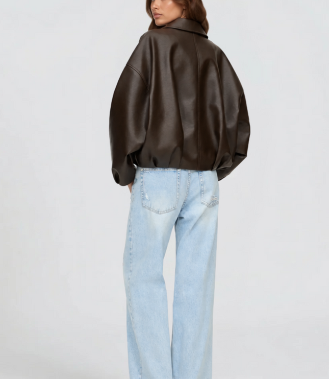 Women's Oversized Faux Leather Zip Up Bomber Jacket
