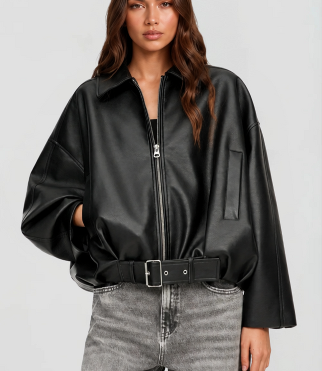Women's Oversized Faux Leather Zip Up Bomber Jacket