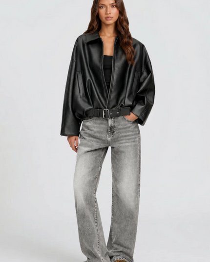 Women's Oversized Faux Leather Zip Up Bomber Jacket