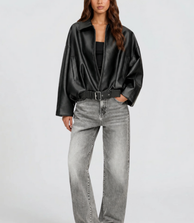 Women's Oversized Faux Leather Zip Up Bomber Jacket