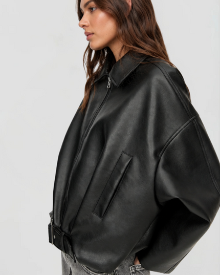 Women's Oversized Faux Leather Zip Up Bomber Jacket