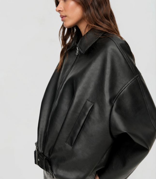 Women's Oversized Faux Leather Zip Up Bomber Jacket