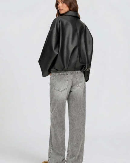 Women's Oversized Faux Leather Zip Up Bomber Jacket