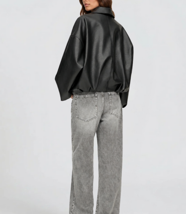 Women's Oversized Faux Leather Zip Up Bomber Jacket