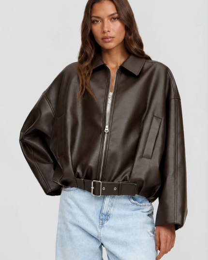 Women's Oversized Faux Leather Zip Up Bomber Jacket