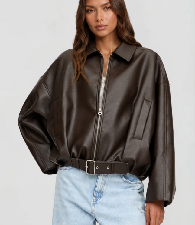 Women's Oversized Faux Leather Zip Up Bomber Jacket