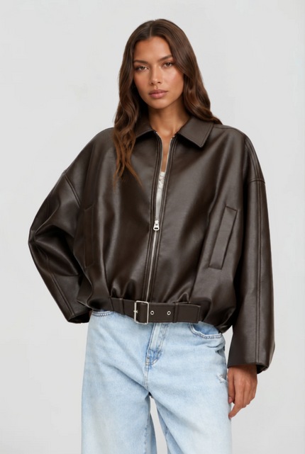 Women's Oversized Faux Leather Zip Up Bomber Jacket