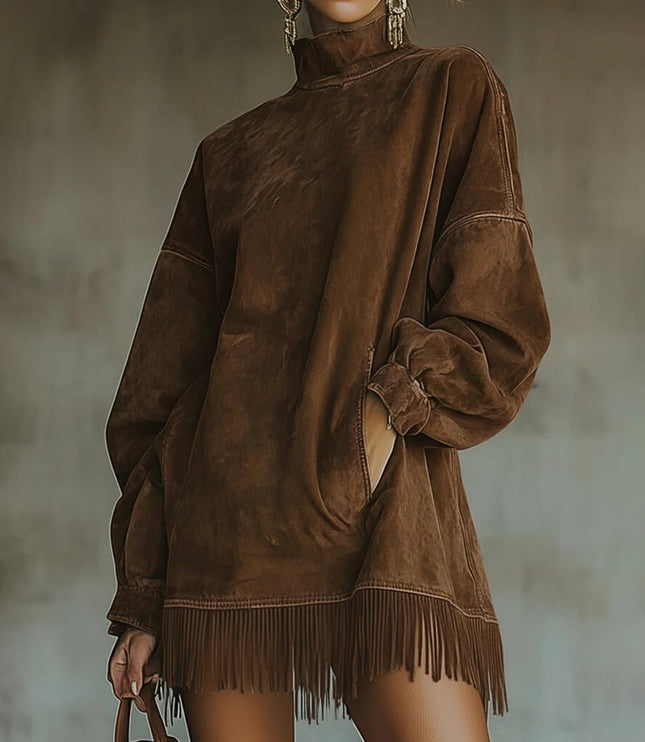 Women's Oversized Mini Dress in Faux Suede with Fringe Trim