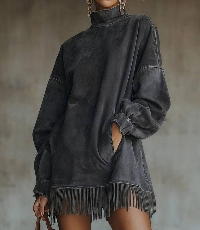 Women's Oversized Mini Dress in Faux Suede with Fringe Trim