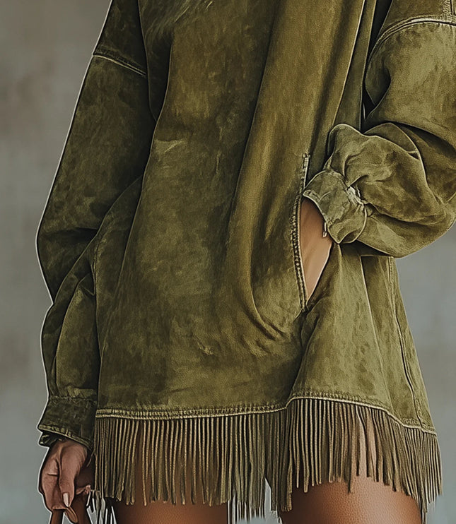 Women's Oversized Mini Dress in Faux Suede with Fringe Trim