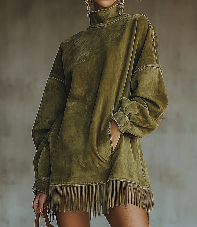 Women's Oversized Mini Dress in Faux Suede with Fringe Trim